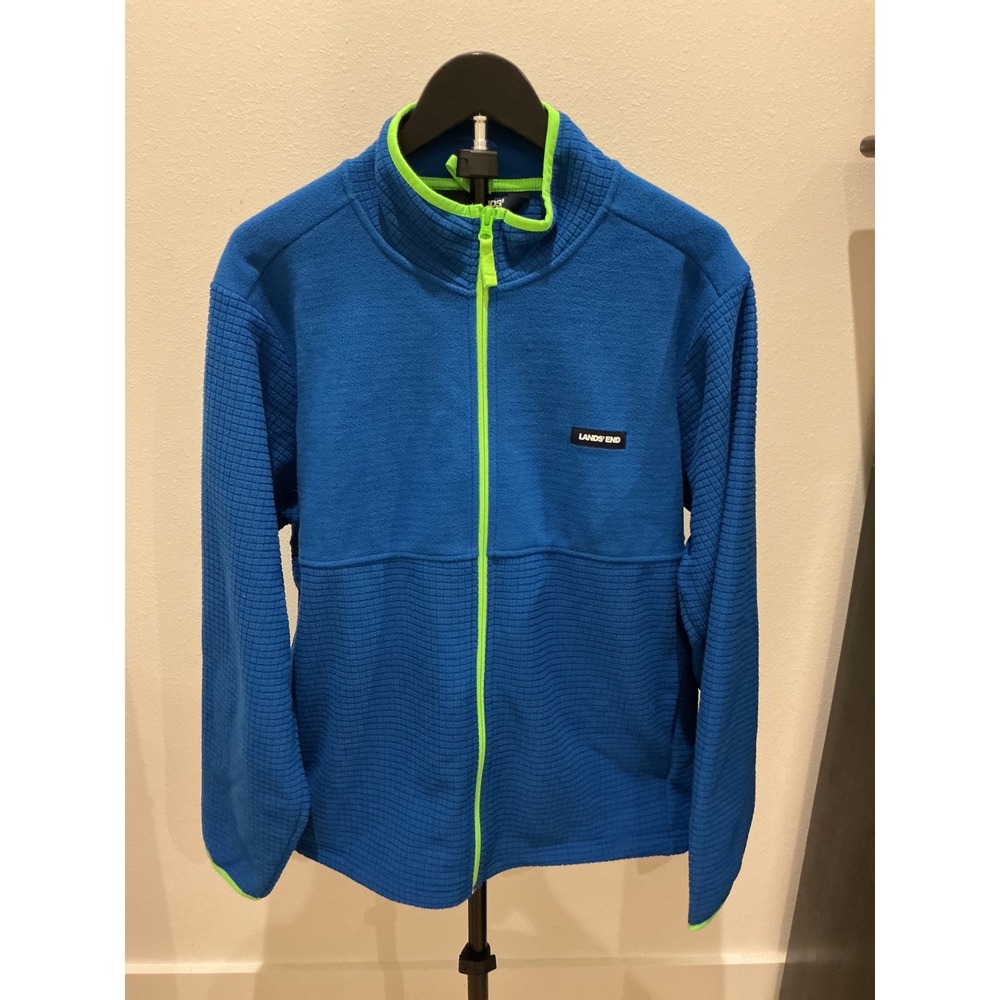 Lands End Mens Blue Waffle Texture Full Zip Fleece Jacket Green Trim Large 42-44